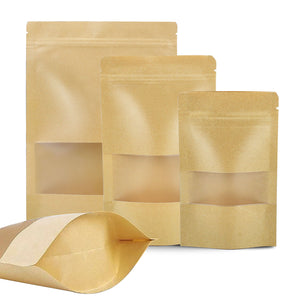 120pcs Kraft Bags with Window Zipper Lock Stand Up Bulk Pouches Resealable Bags, Smell Proof Mylar Bags for Food Storage, Stand-up Resealable Food Storage Bags with Clear Window