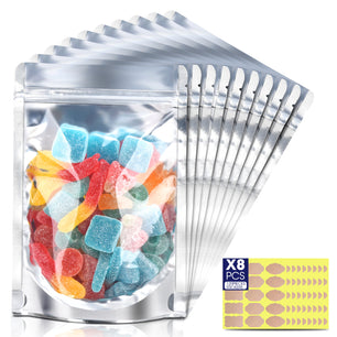 120pcs Stand Up Pouch Bags, Mylar Bag for Food Storage, Clear Front with Aluminum Foil Back Resealable Food Storage Bags for Small Business Packaging Treat Snack Bag for Self Sealing
