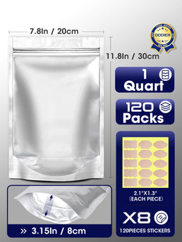 120pcs 1 Quart Mylar Bags for Food Storage, Smell Proof Bags Heat Seal Food Storage Bags，Zipper Bag for Buckets Stand-up Foil Pouch Resealable for Long Term Food Container Sets
