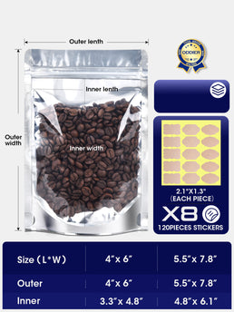 120pcs Stand Up Pouch Bags, Mylar Bag for Food Storage, Clear Front with Aluminum Foil Back Resealable Food Storage Bags for Small Business Packaging Treat Snack Bag for Self Sealing