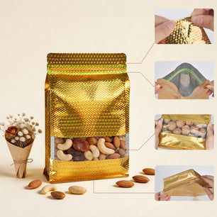 50pcs Mylar Bags for Food Storage,Golden Holographic Window Flat Bottom Stand-Up Smell Proof Bag Resealable，Packaging Freeze Dried Candy Bag Food Storage Bags for Small Business