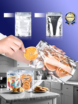 120pcs Stand Up Pouch Bags, Mylar Bag for Food Storage, Clear Front with Aluminum Foil Back Resealable Food Storage Bags for Small Business Packaging Treat Snack Bag for Self Sealing