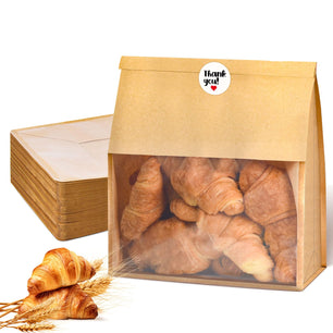 60pcs Bakery Bags with Thank You Stickers,Sourdough Bread Bags with Tin Tie Tab Lock Smoother Paper Bakery Bags with Clear Window for Homemade Bread, Baked Food Packaging Storage