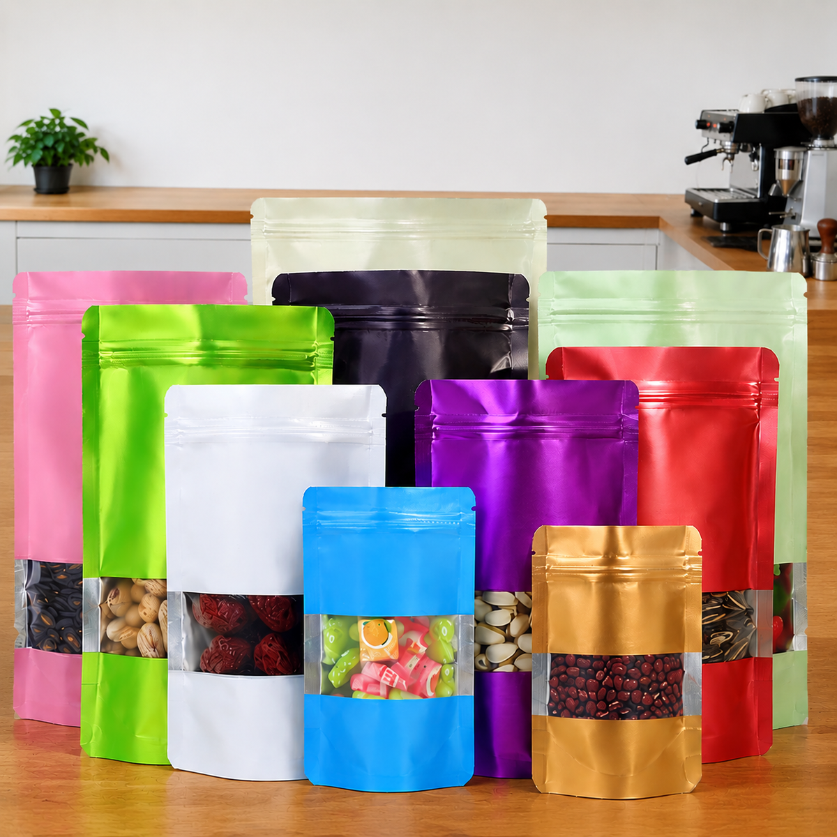 Self-standing and self-sealing aluminum foil bag