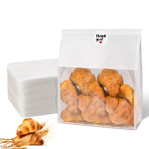 60pcs Bakery Bags with Thank You Stickers,Sourdough Bread Bags with Tin Tie Tab Lock Smoother Paper Bakery Bags with Clear Window for Homemade Bread, Baked Food Packaging Storage