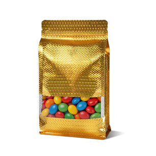 50pcs Mylar Bags for Food Storage,Golden Holographic Window Flat Bottom Stand-Up Smell Proof Bag Resealable，Packaging Freeze Dried Candy Bag Food Storage Bags for Small Business