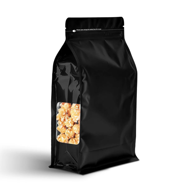 Black flat bottom food storage bag with side window and resealable zipper