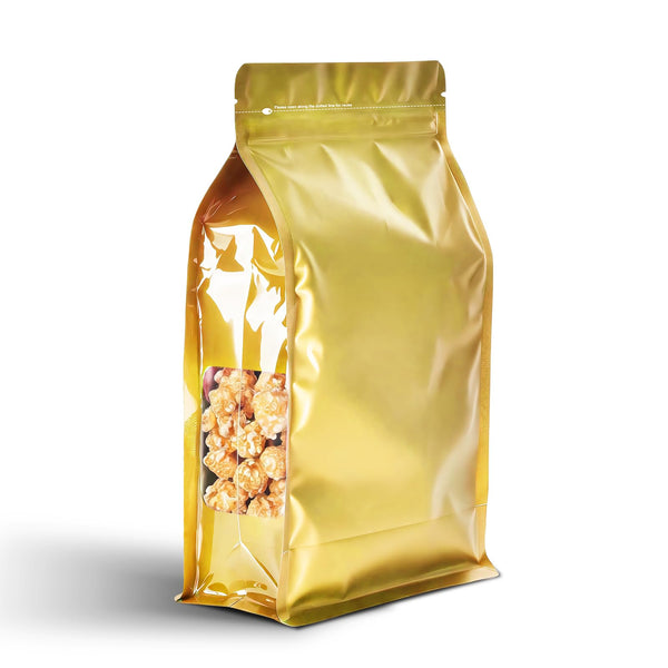 Gold Mylar flat bottom bag with clear side window for food packaging and storage