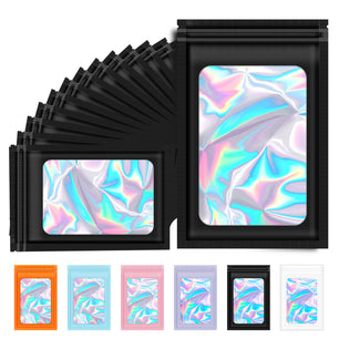 Black holographic mylar bags with resealable ziplock closure, smell proof foil packaging bags for snacks, candy and product packaging