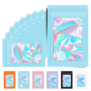 Blue holographic mylar bags with resealable ziplock closure, smell proof foil packaging bags for candy and food packaging