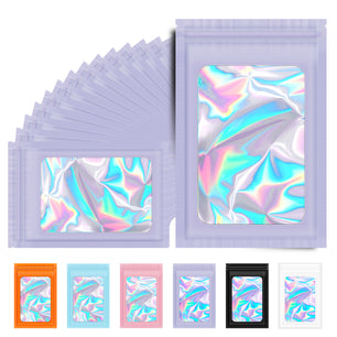 Purple holographic mylar bags with ziplock seal, resealable foil packaging bags for snacks, candy and food storage