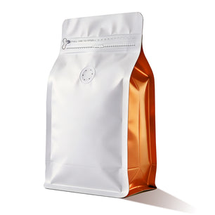 White coffee bean packaging bag with orange side panel and one-way valve